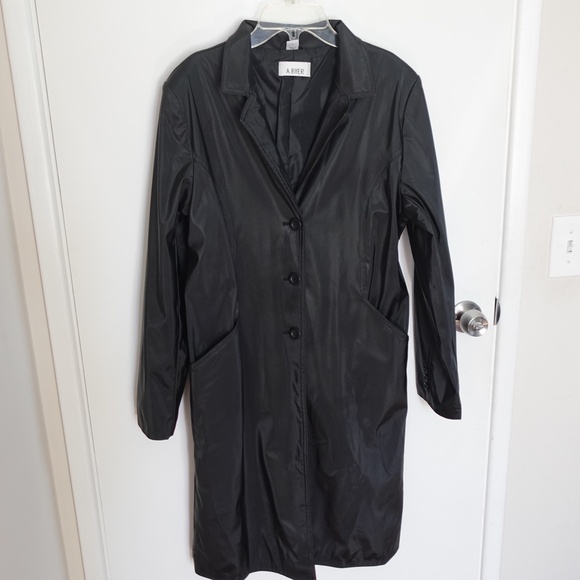 A. Byer Long Trench Coat Button Down Black Size L 90s Y2K Minimalist Streetwear - Picture 1 of 10